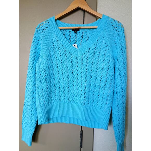Talbots Open Stitch V-Neck Pullover 100% cotton deep sea blue coastal Mermaid - Picture 3 of 15